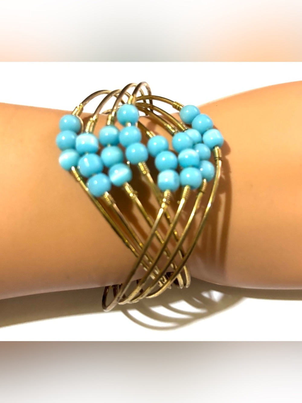 Fashion Jewelry Turquoise Beaded Gold-Tone Multi Strand Bracelet